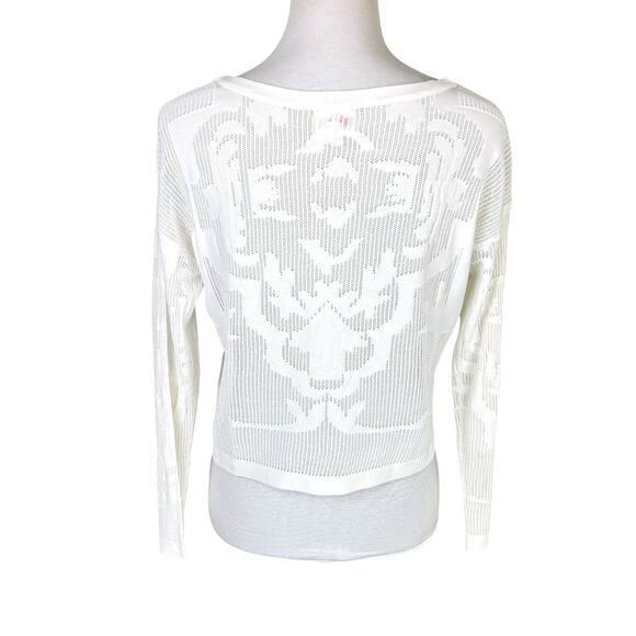 Parker White Sheer Long Sleeve Scroll Pattern Knit Layering Cropped Top Sweater - Picture 3 of 12
